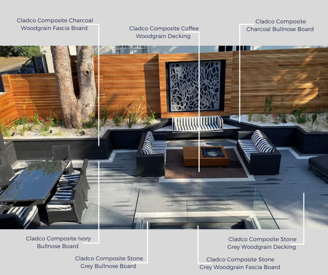 Contemporary garden seating area featuring Cladco Stone Grey composite decking with contrasting Coffee and Ivory accents, designed by Lanes Landscaping Co