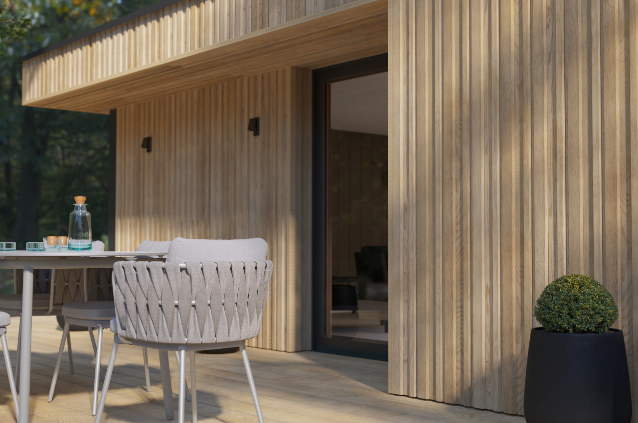 Trendy Natural Cabin | Millboard Board & Batten Cladding In Golden Oak