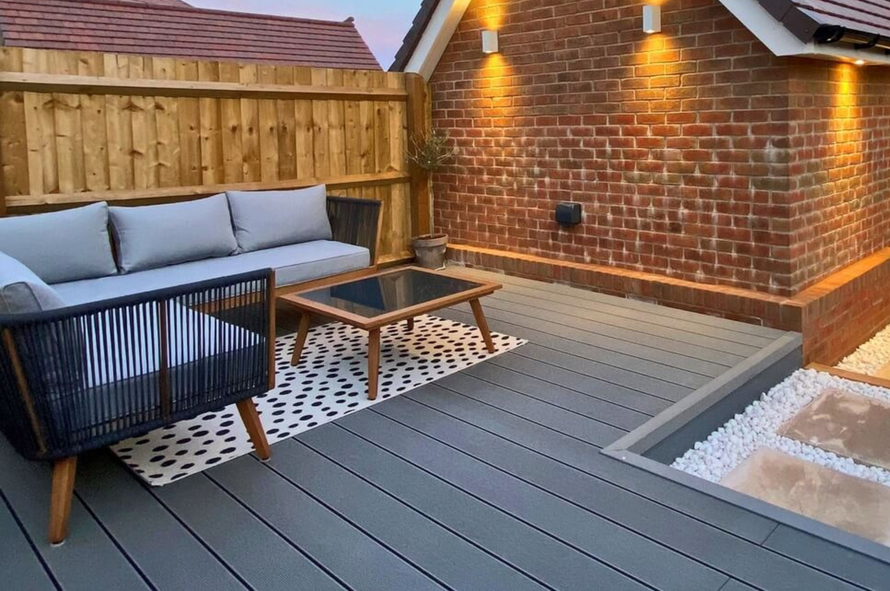 A garden project featuring Cladco Composite Decking Boards with matching Corner Trims in Light Grey
