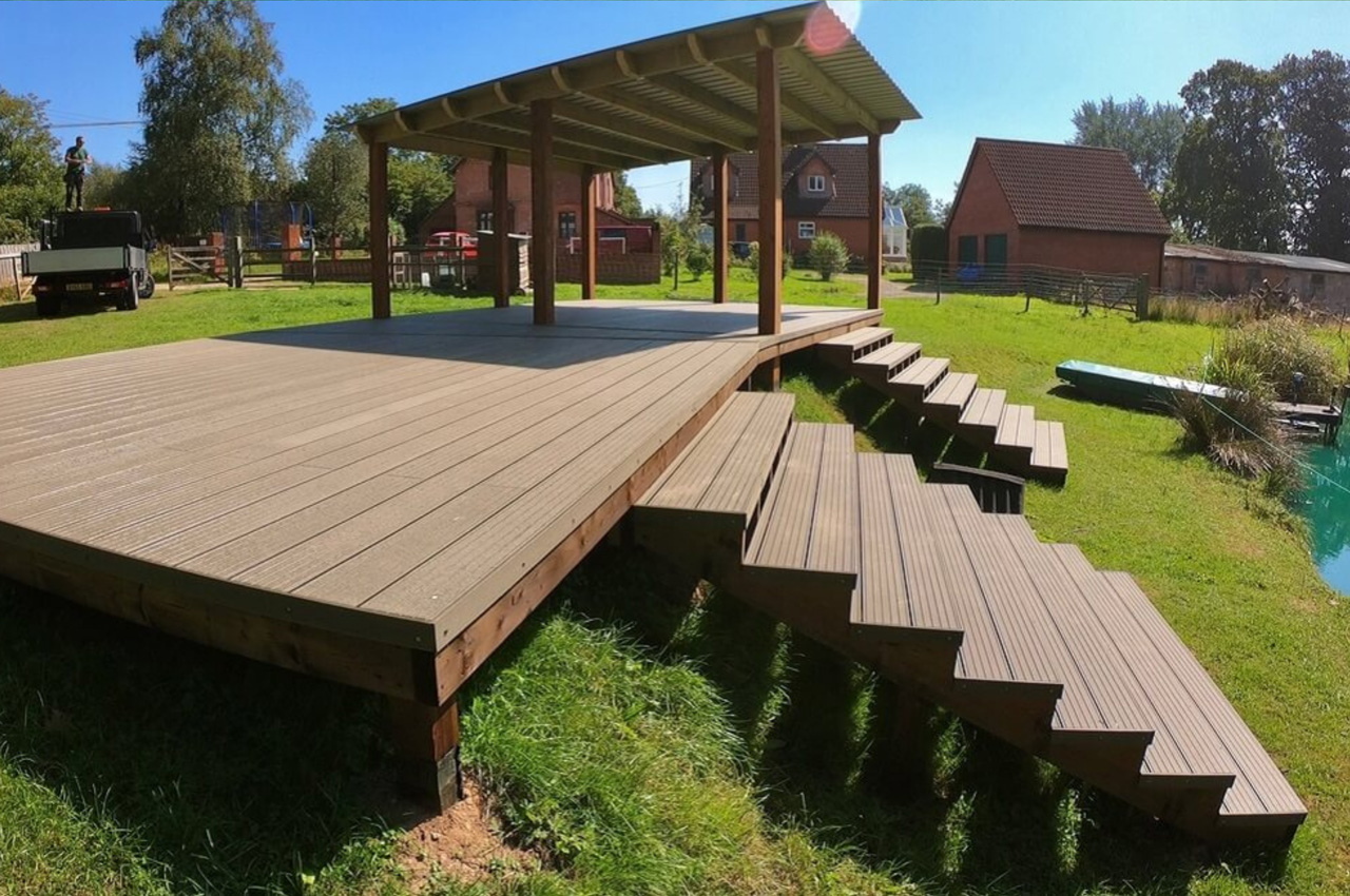 Large pergola design featuring Cladco 32/1000 Box Profile Steel Roofing Sheets