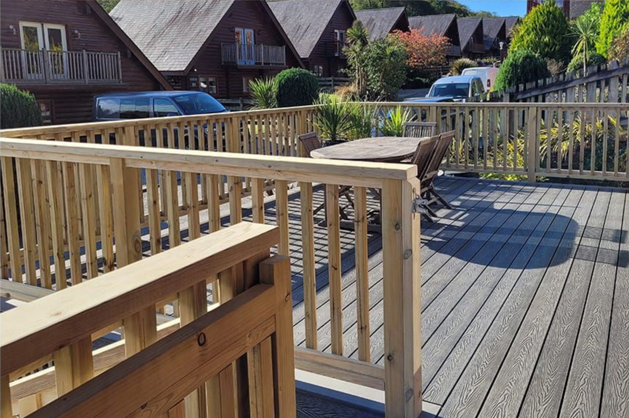 Stone Grey Woodgrain Composite Decking Boards installed by Gull Rock Co.