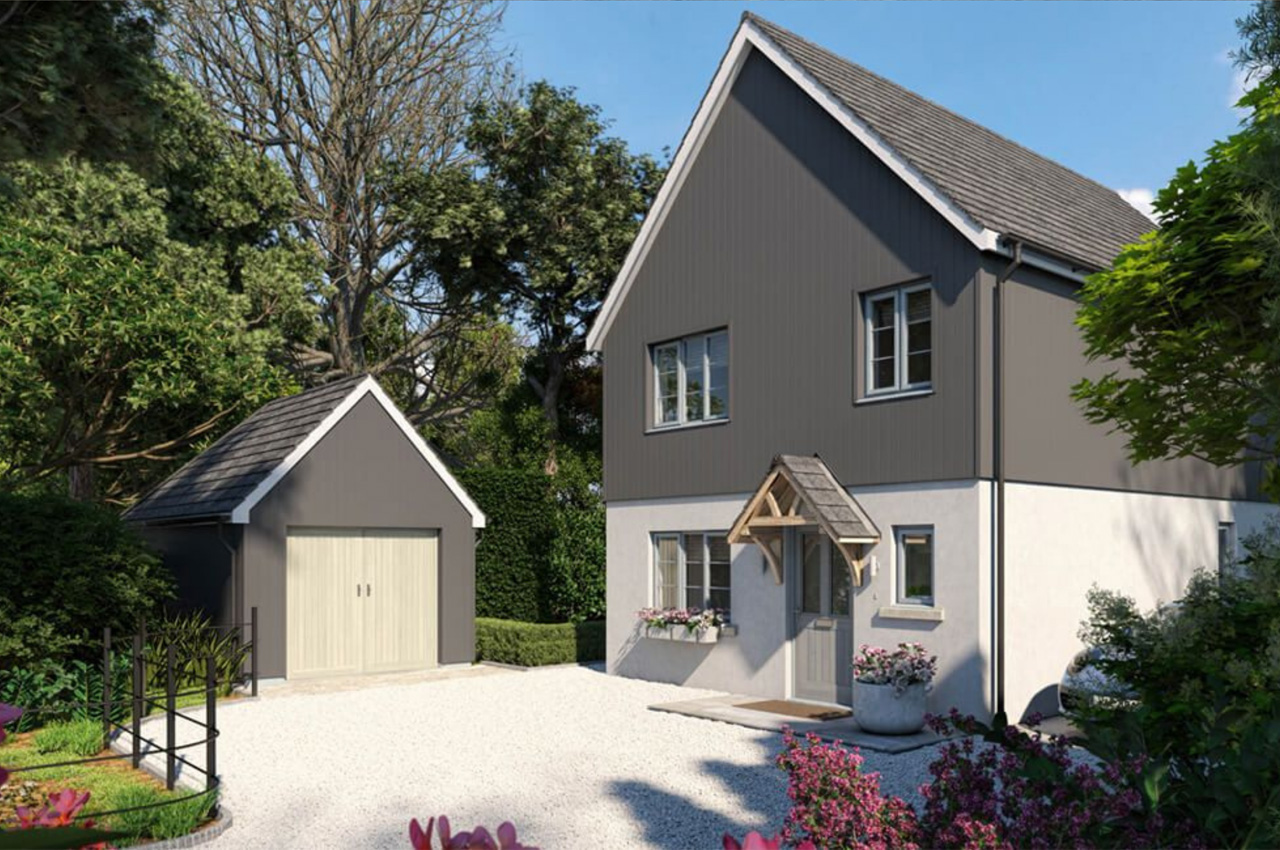 Stone Grey Composite Wall Cladding is shown vertically on this home and garage