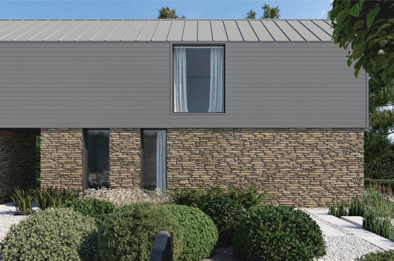 Cladco Original Light Grey Composite Cladding Boards contrast traditional stone walls on this project