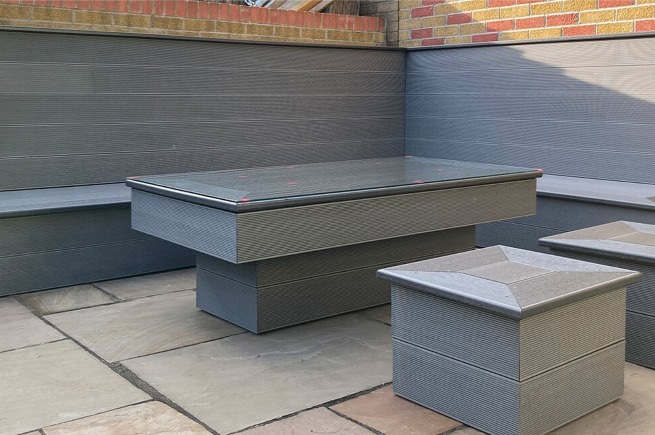 Cladco Original Composite Decking in Stone Grey has been turned into low-maintenance patio furniture