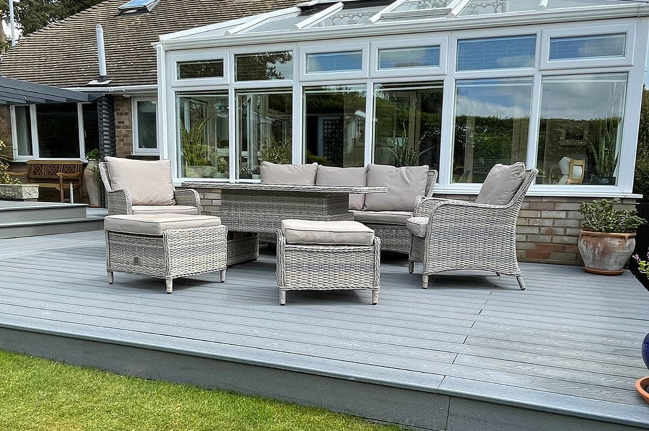 Garden Decking Space With Woodgrain Effect Composite Decking in Light Grey