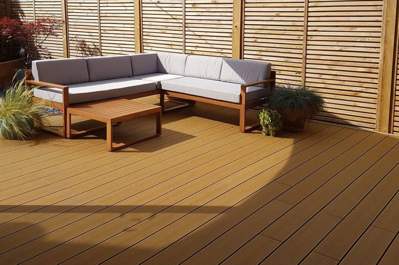 Teak Composite Decking with Shade Sail Net and Rattan Furniture