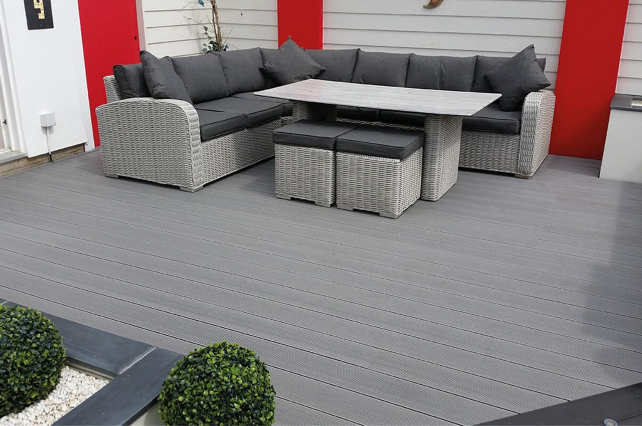 Cladco Stone Grey Composite Decking used in garden.