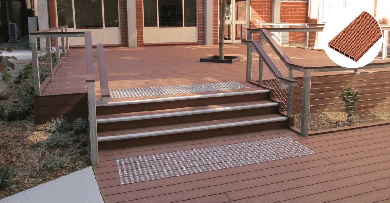Cladco redwood Signature composite decking boards complement brickwork redwood decking with stairs