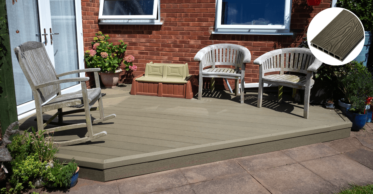 Cladco Signature composite decking boards in olive green corner of a garden with olive green decking