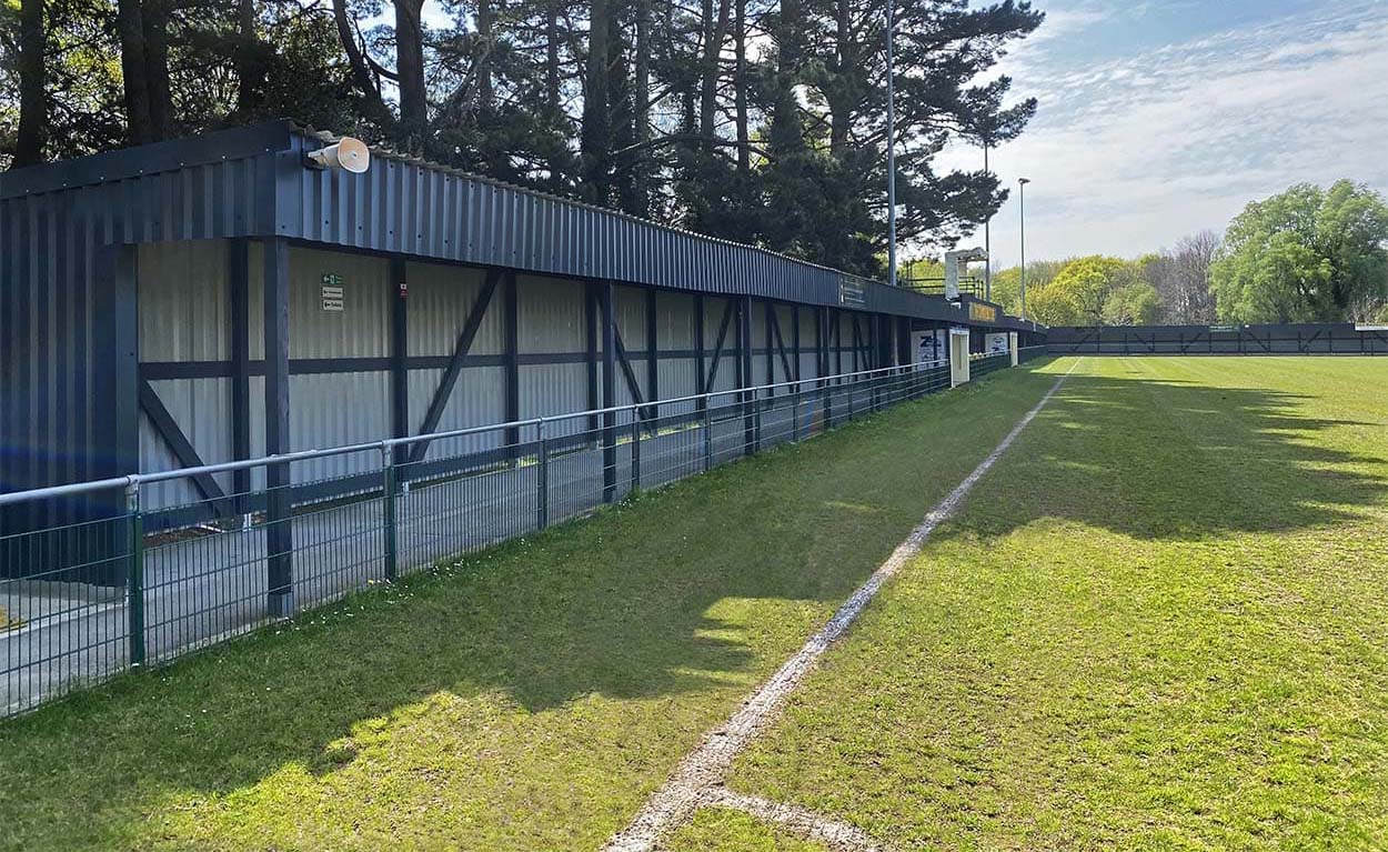 Plymouth Parkway FC's Bolitho Park spectator stand featuring Cladco 34/1000 Box Profile Sheets in Slate Blue and Light Grey on the reverse side.