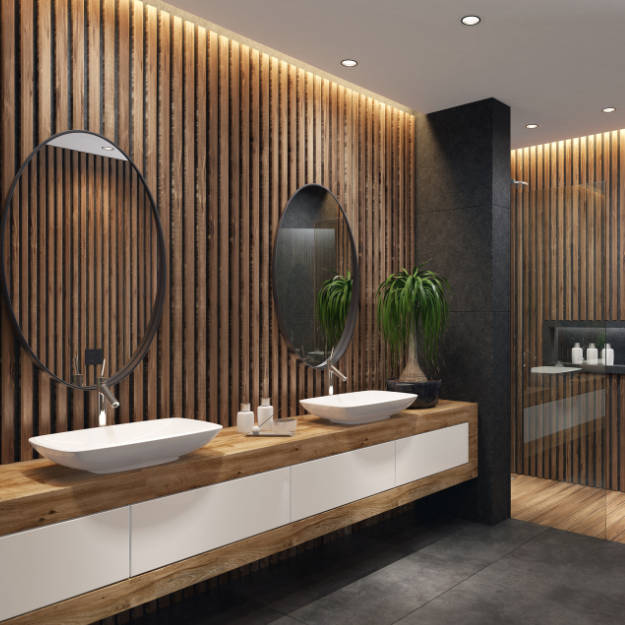 Individual solid wood slats installed in a commercial bathroom Individual solid wood slats installed in a commercial bathroom