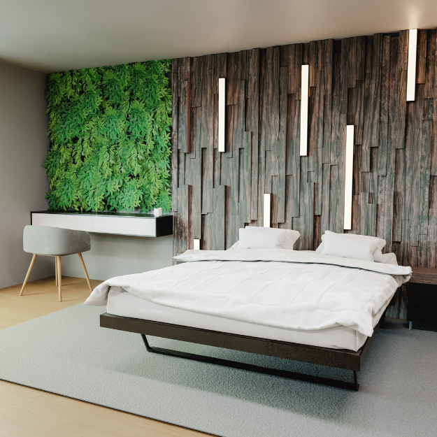 Articifial living walls combined with textured wall panels in a bedroom Articifial living walls combined with textured wall panels in a bedroom