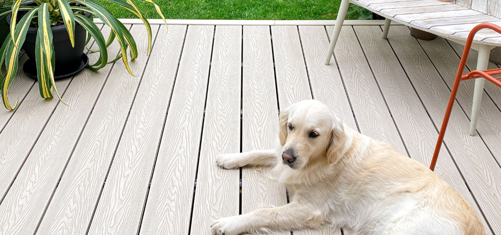 Composite Decking in Ivory with chairs, a plant and a labrador on top of it.