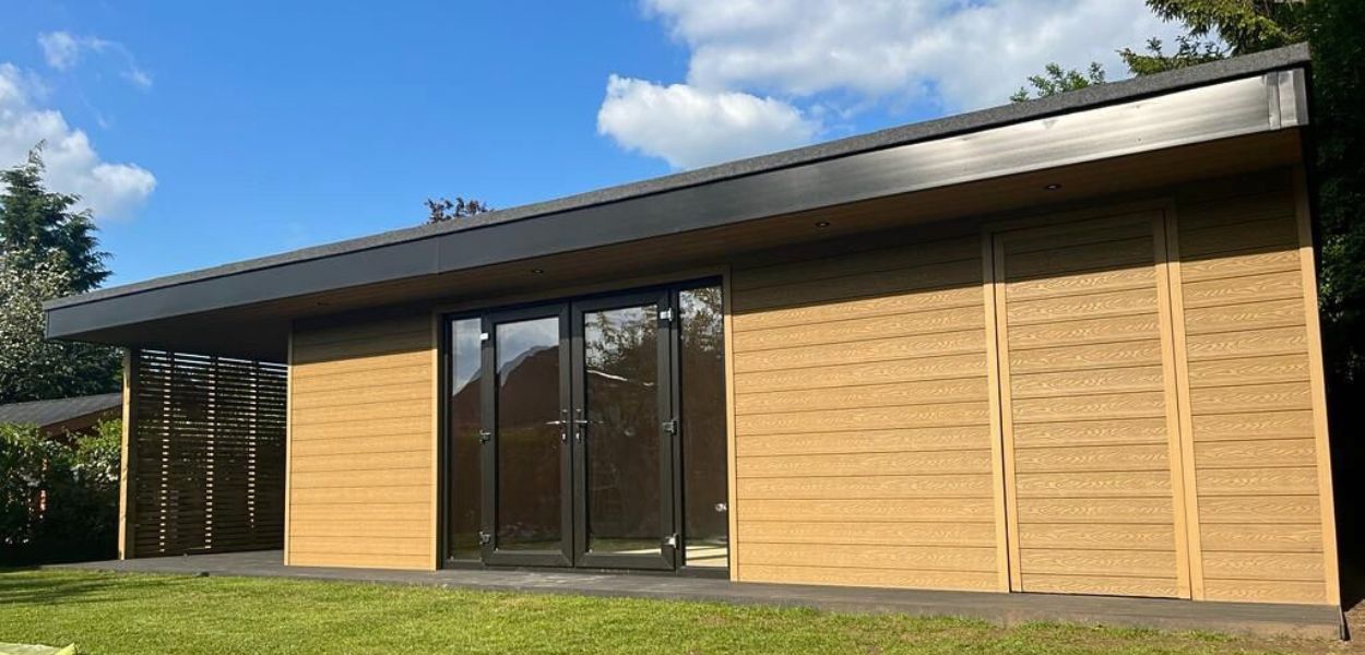 Cladco Composite Cladding in Teak on large garden room