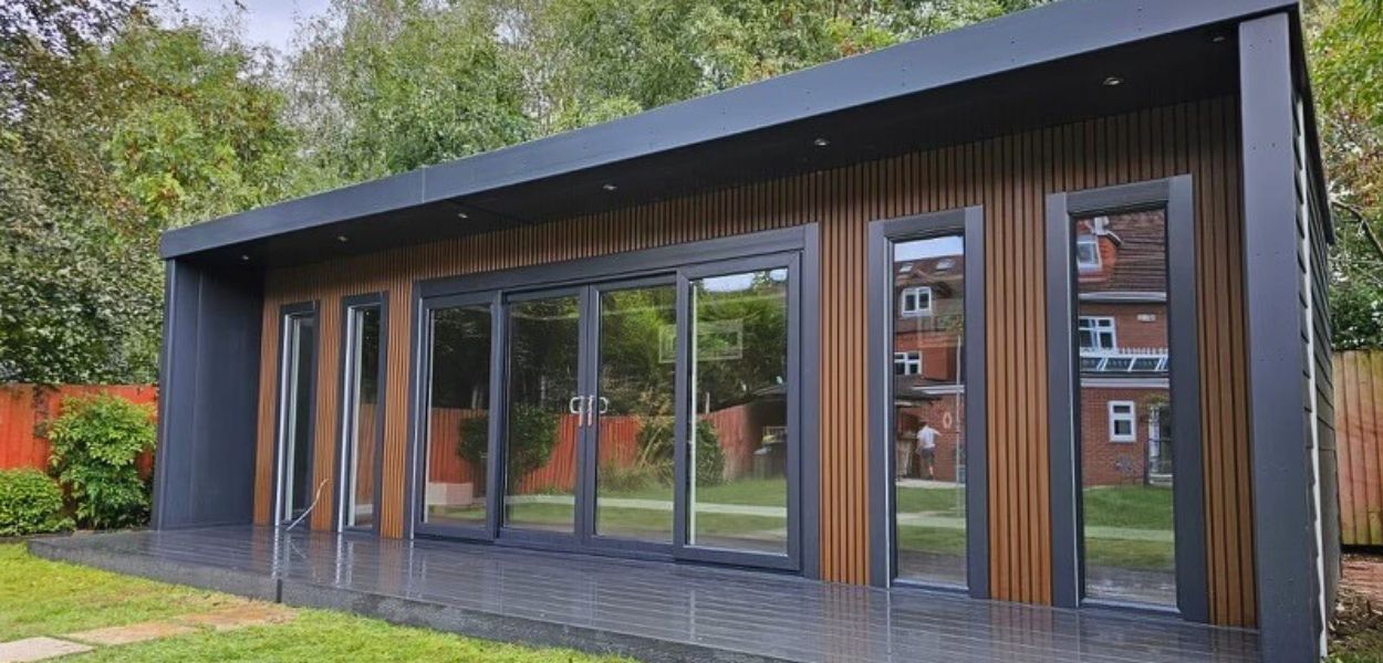Cladco Composite Slatted Cladding in Teak on garden room