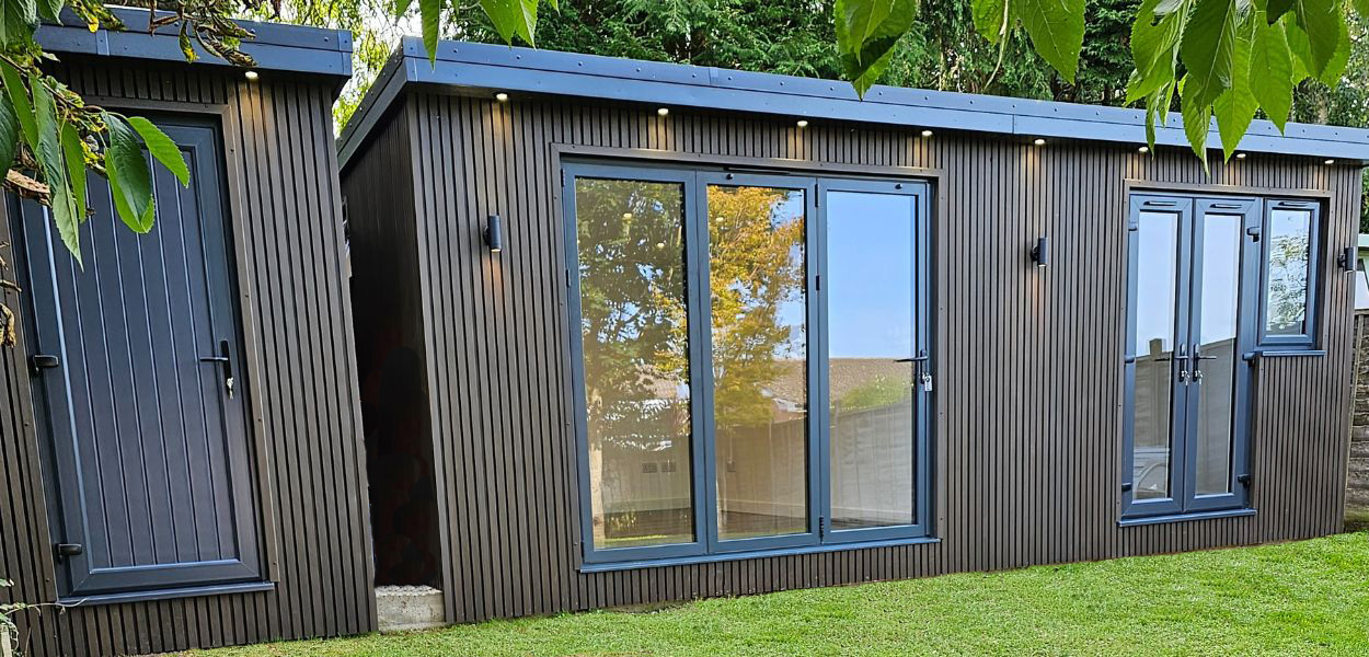 Cladco Composite Slatted Cladding in Coffee on garden room