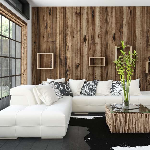 Open shelving incorporated on some reclaimed wood panelling Open shelving incorporated on some reclaimed wood panelling