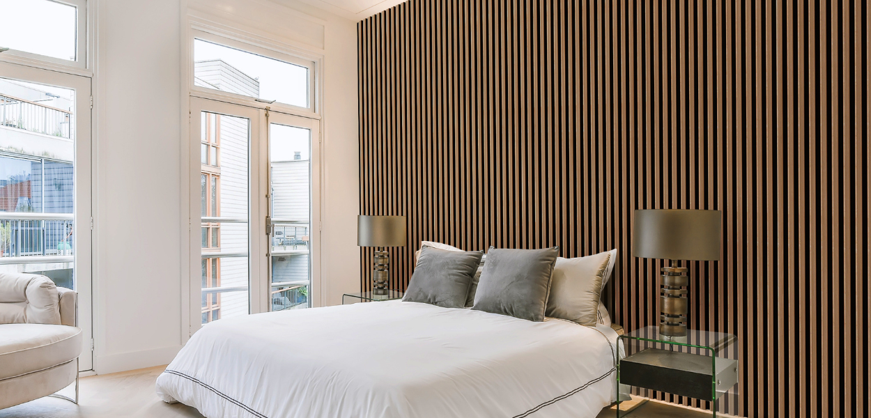 The perfect backdrop: Cladco Slatted Wall Panelling installed as an accent wall in a master bedroom The perfect backdrop: Cladco Slatted Wall Panelling installed as an accent wall in a master bedroom