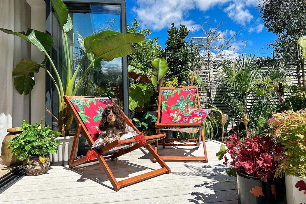 Small garden terrace with ivory decking and lots of potted plants for added colour